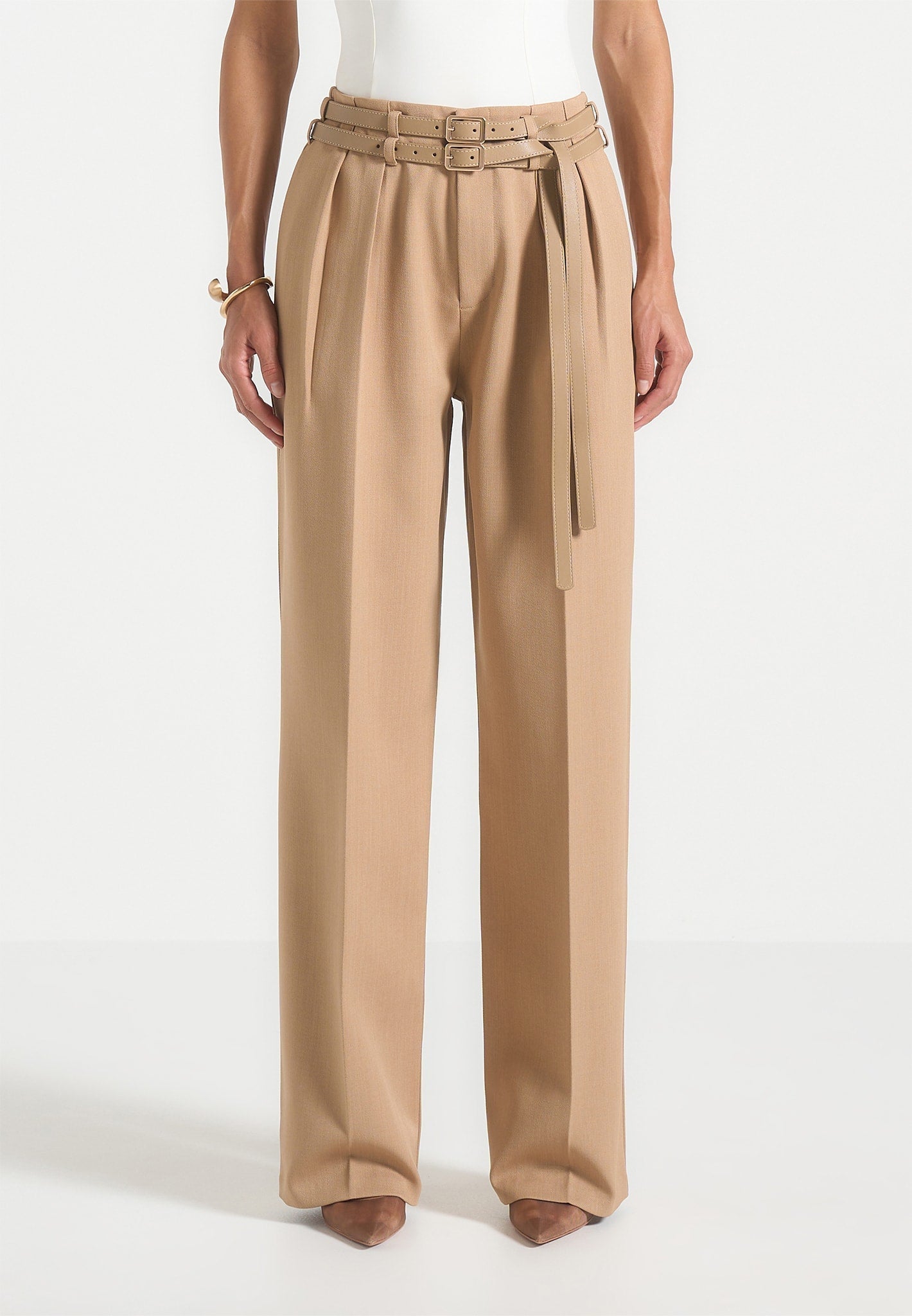 Pascale - Tailored Twin Belt Pants - Dark Beige