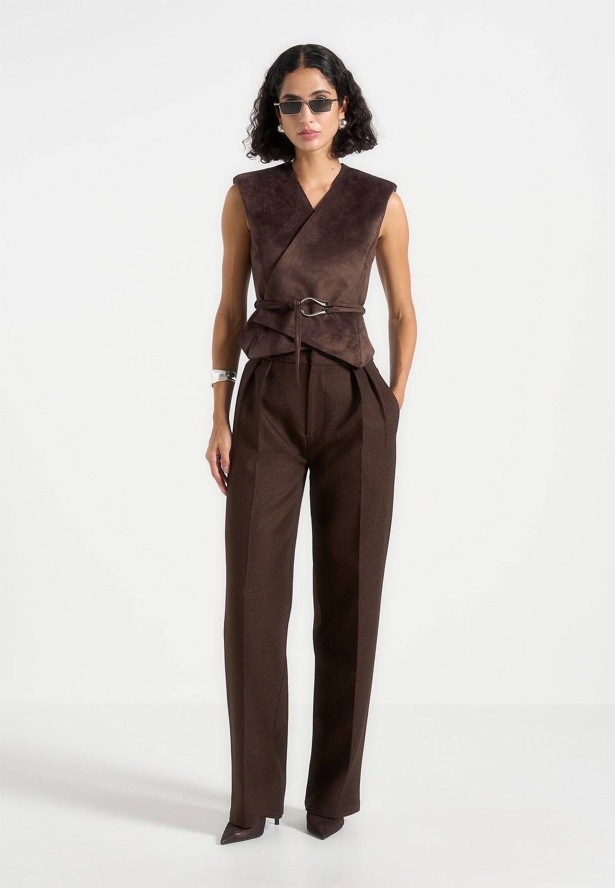 Jeanne - Suede Wrap Waistcoat with Belt - Brown