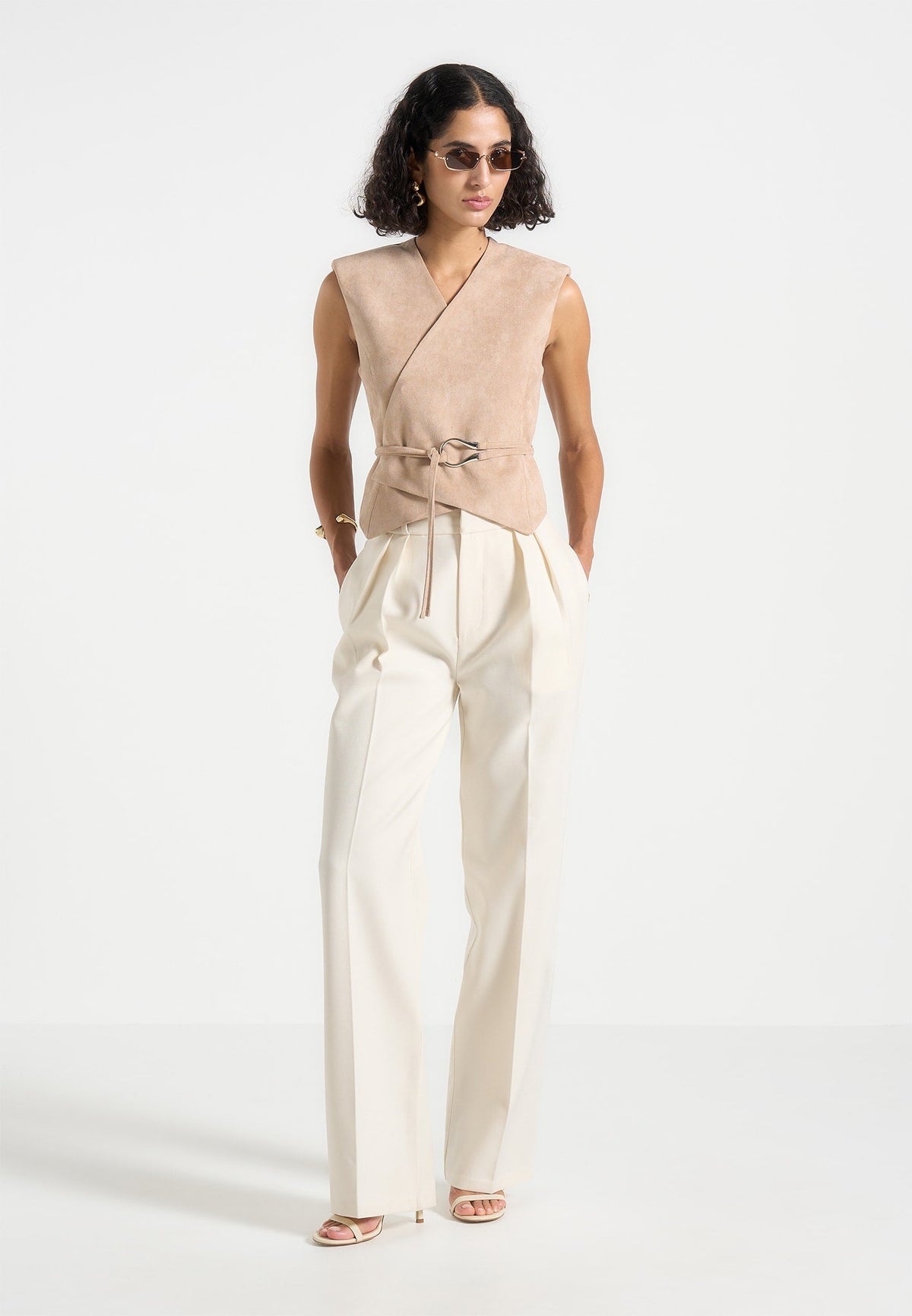 Jeanne - Suede Wrap Vest with Belt - Beige