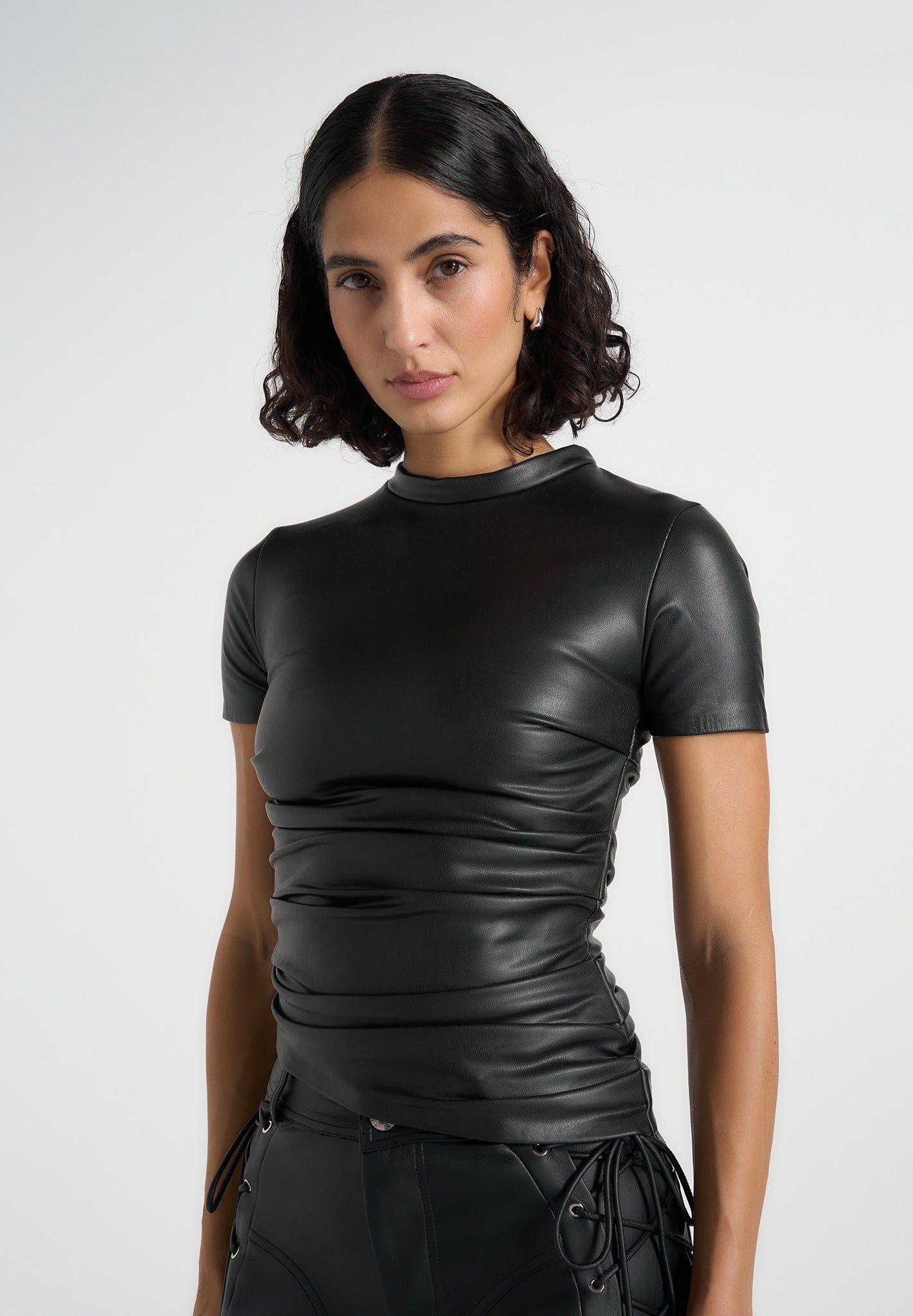 Leather Ruched T-Shirt - Black