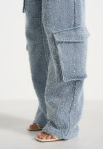 Anne - Denim High Waisted Boucle Cargo Pants - Mid Blue