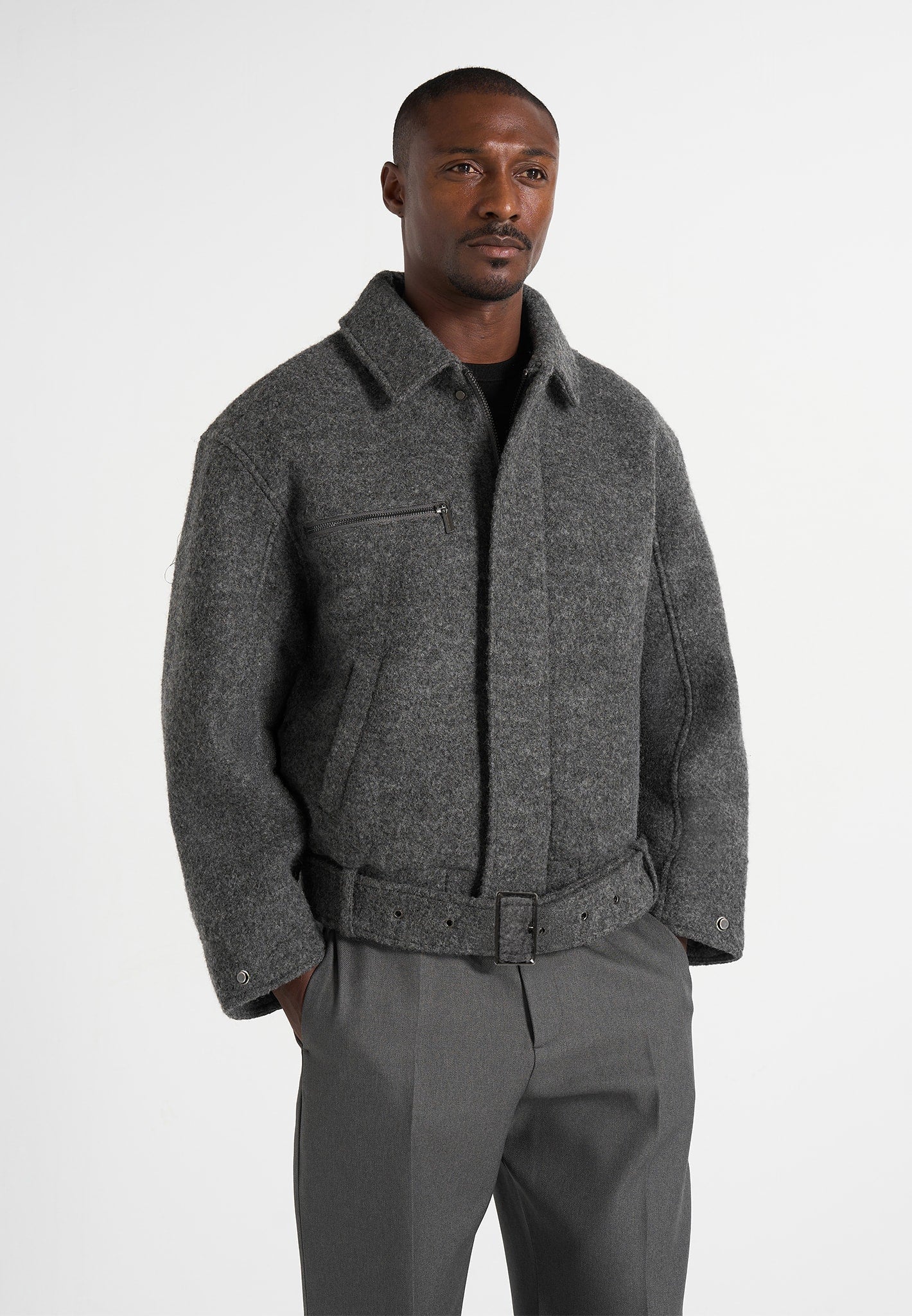 Ezra - Unisex Wool Belted Bomber Jacket - Grey