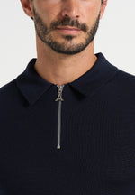 Gilles - Merino Wool Long Sleeve Polo Top With Zip - Navy