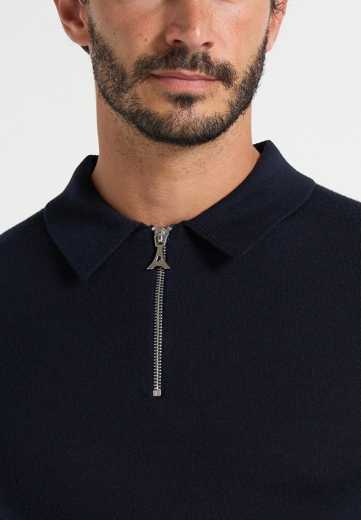 Gilles - Merino Wool Long Sleeve Polo Top With Zip - Marl Grey