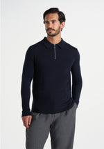 Gilles - Merino Wool Long Sleeve Polo Top With Zip - Marl Grey