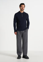 Gilles - Merino Wool Long Sleeve Polo Top With Zip - Marl Grey