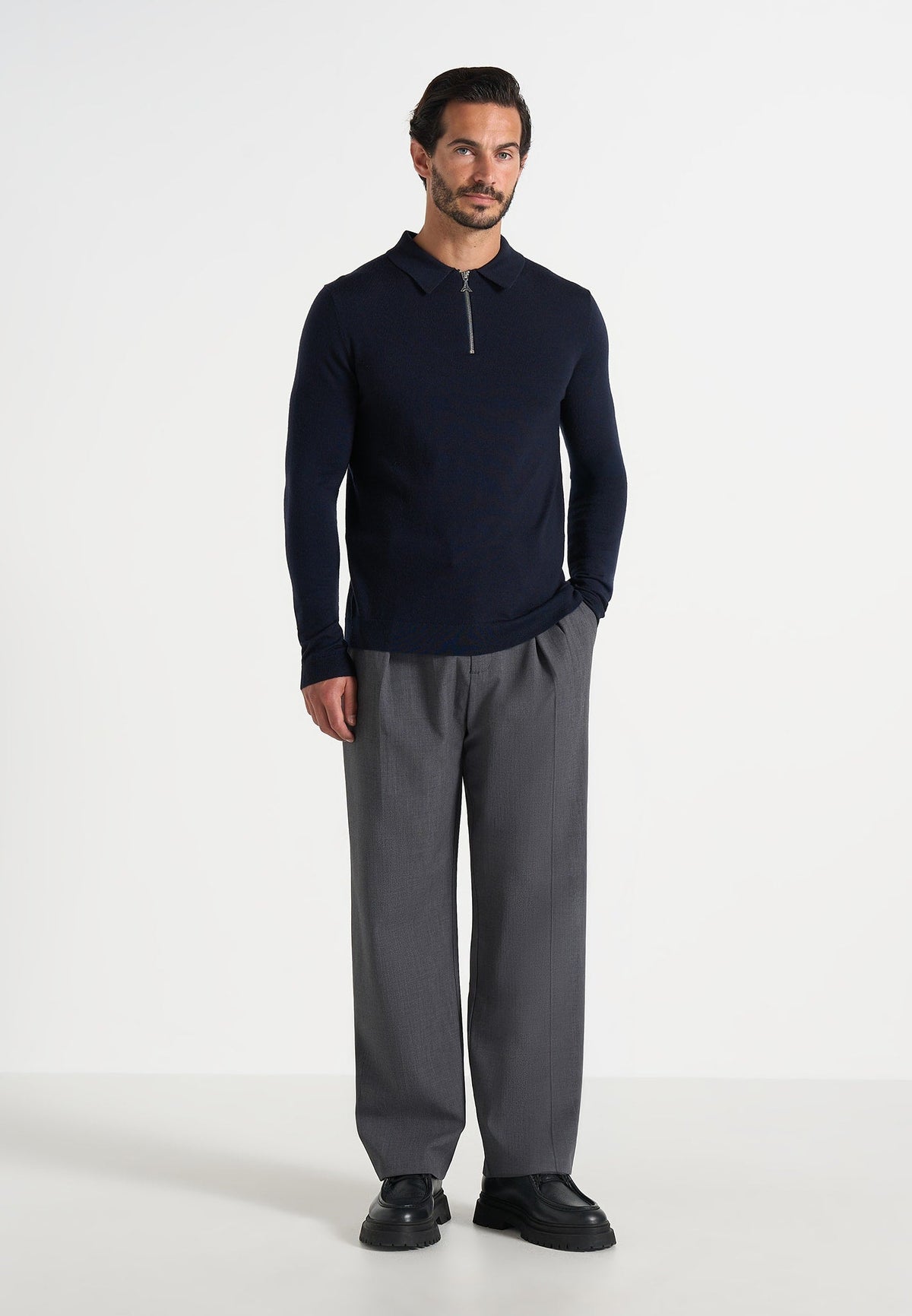 Gilles - Merino Wool Long Sleeve Polo Top With Zip - Marl Grey