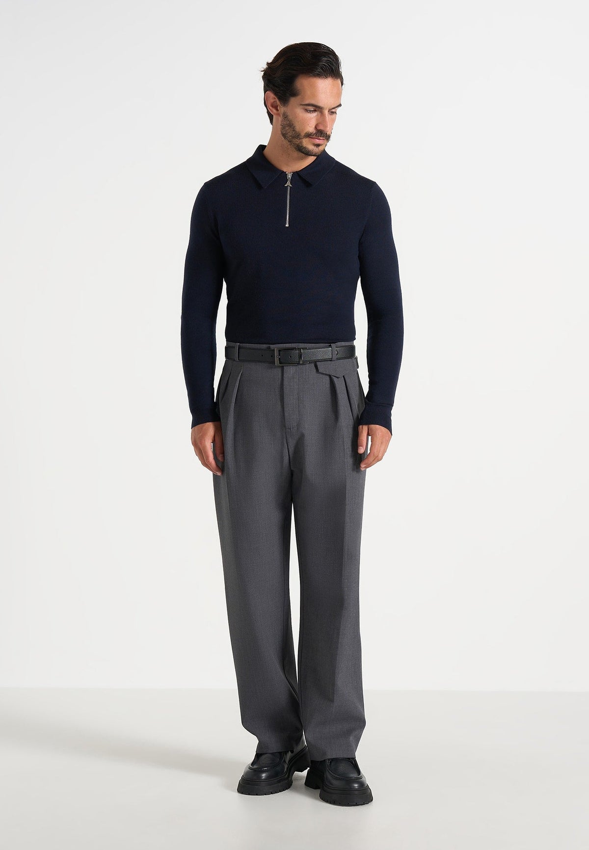 Gilles - Merino Wool Long Sleeve Polo Top With Zip - Marl Grey
