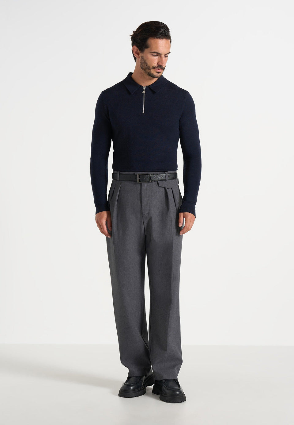 Gilles - Merino Wool Long Sleeve Polo Top With Zip - Marl Grey
