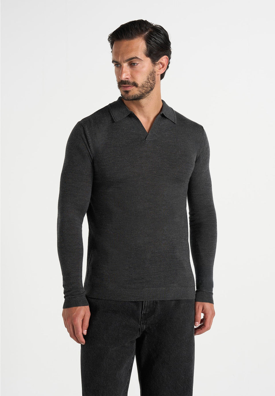 Lois - Merino Wool Long Sleeve Revere Polo Shirt - Grey
