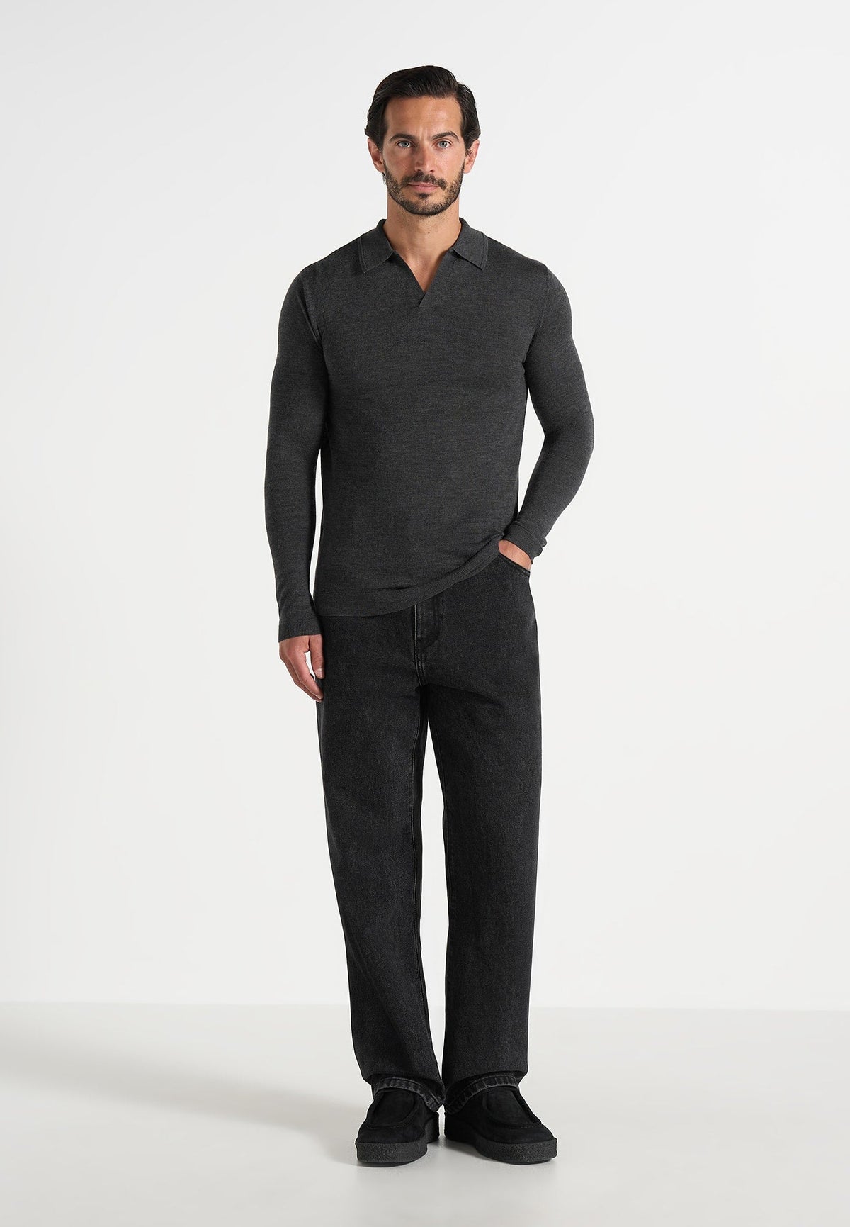 Lois - Merino Wool Long Sleeve Revere Polo Shirt - Grey