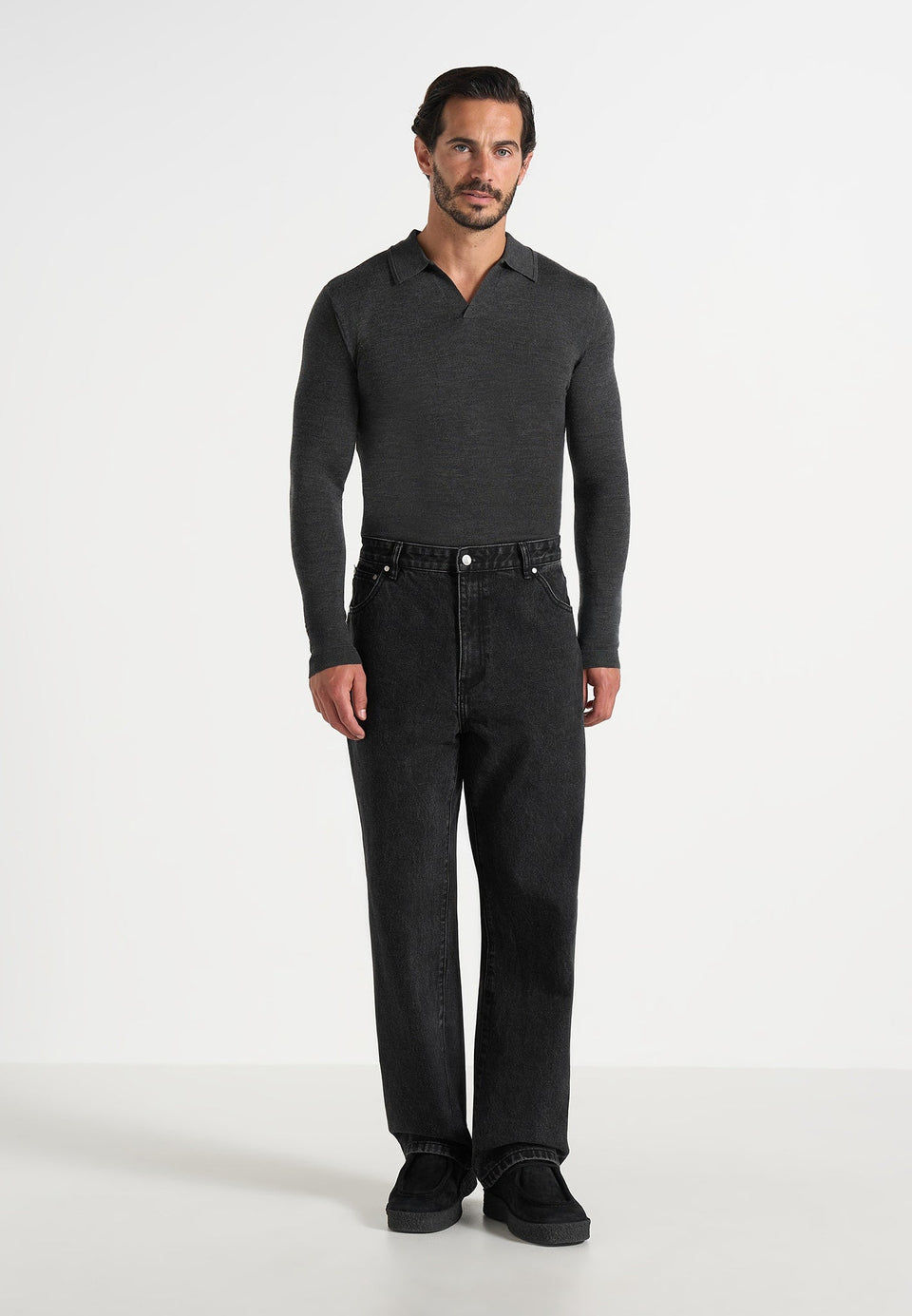 Lois - Merino Wool Long Sleeve Revere Polo Shirt - Grey