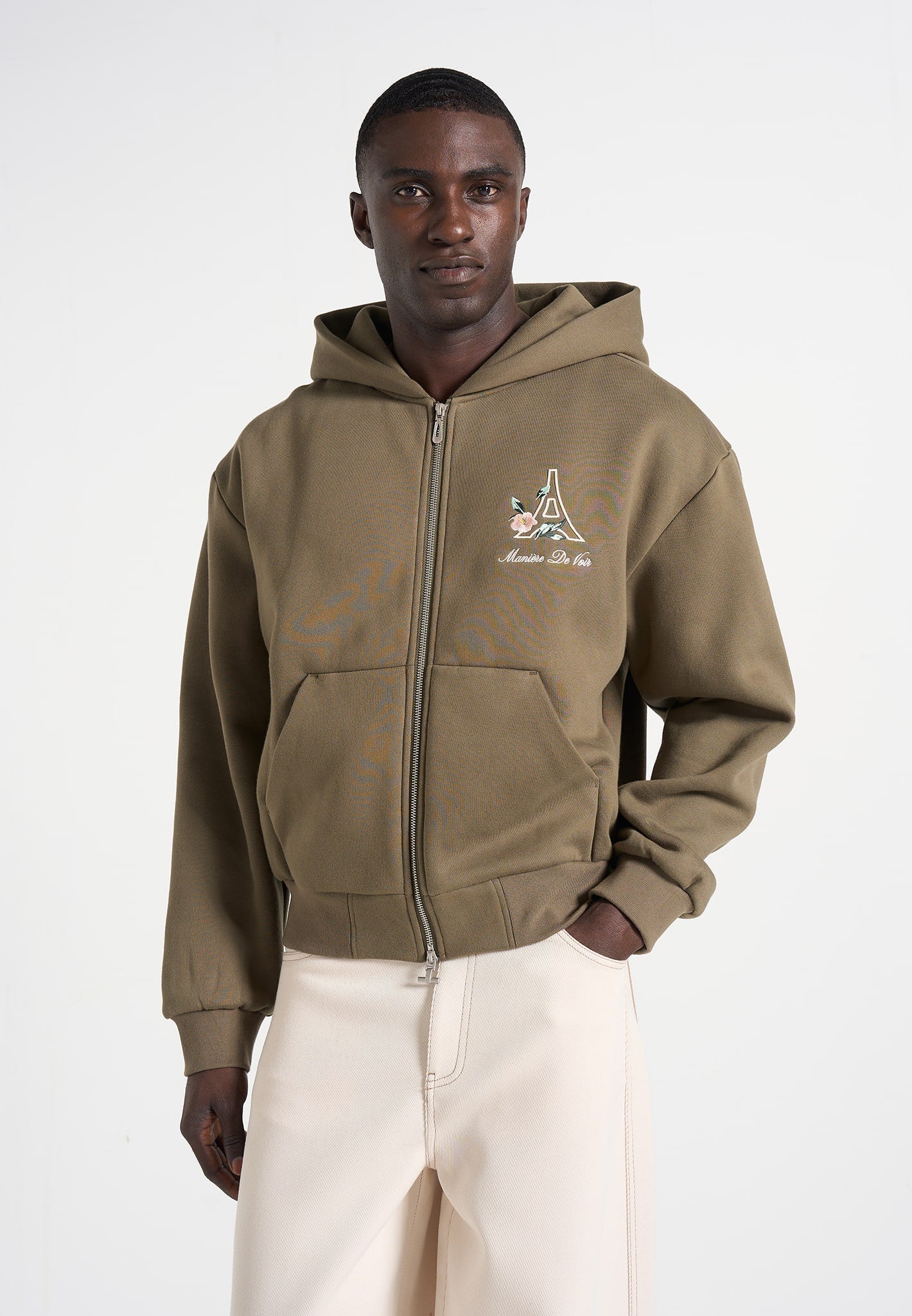 JS009 - Unisex Floral Eiffel Zip Hoodie - Olive