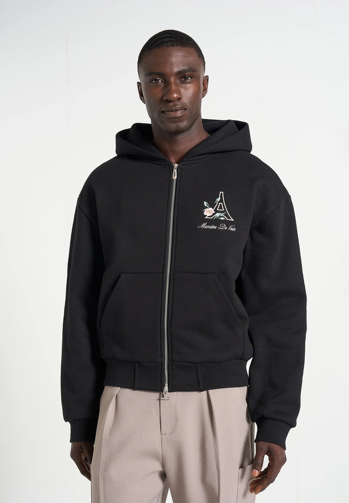 JS009 - Unisex Floral Eiffel Zip Hoodie - Black