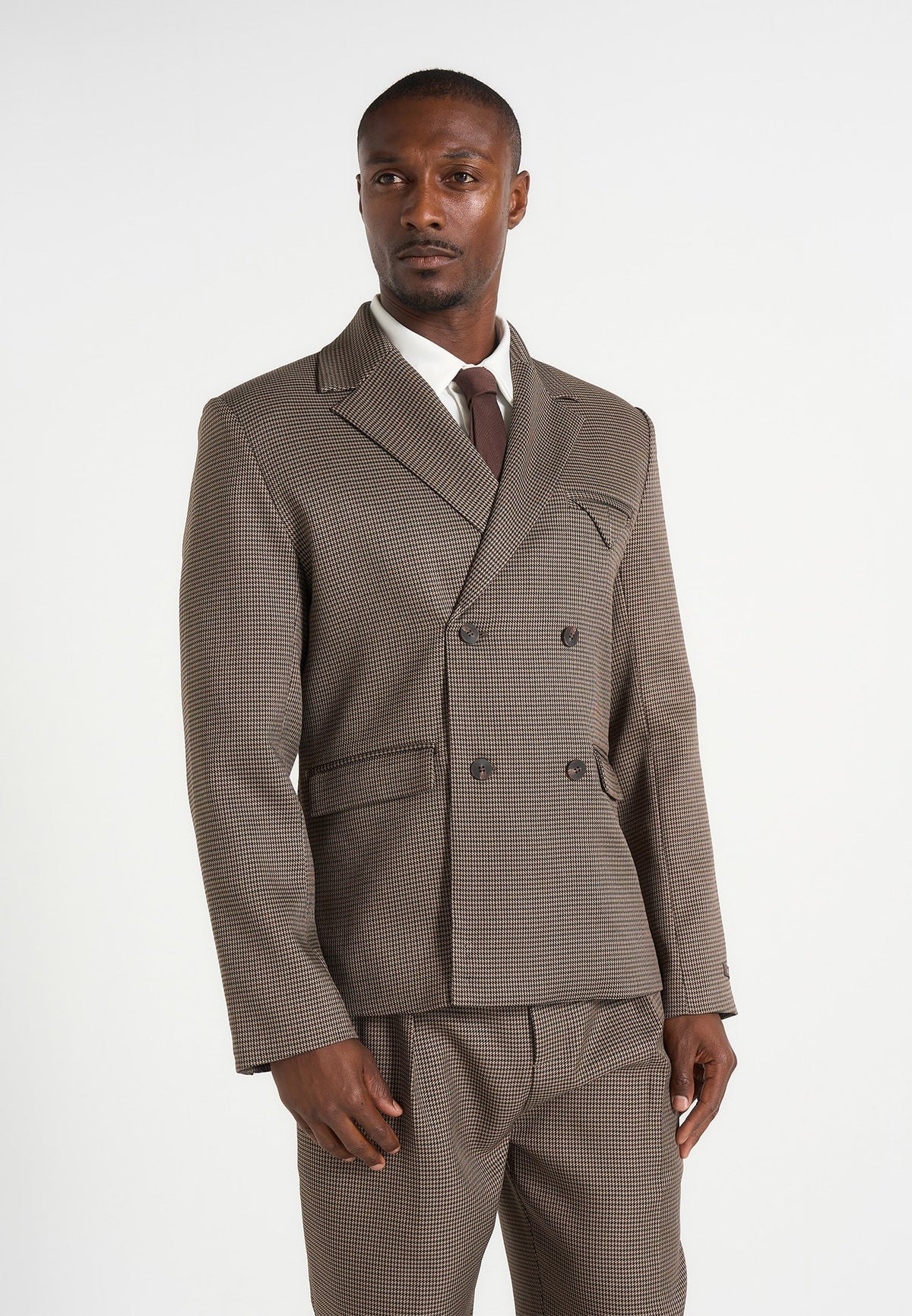 Didier - Houndstooth Double Breasted Suit Blazer - Brown