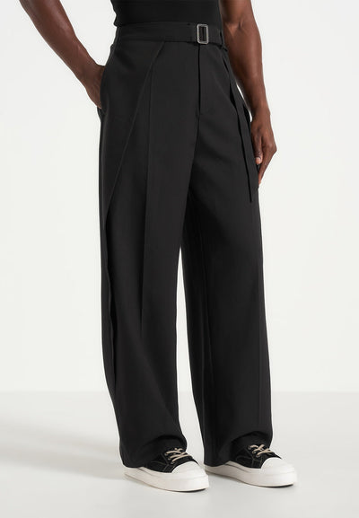 Charles - Wide Fit Wrap Leg Tailored Pants - Black
