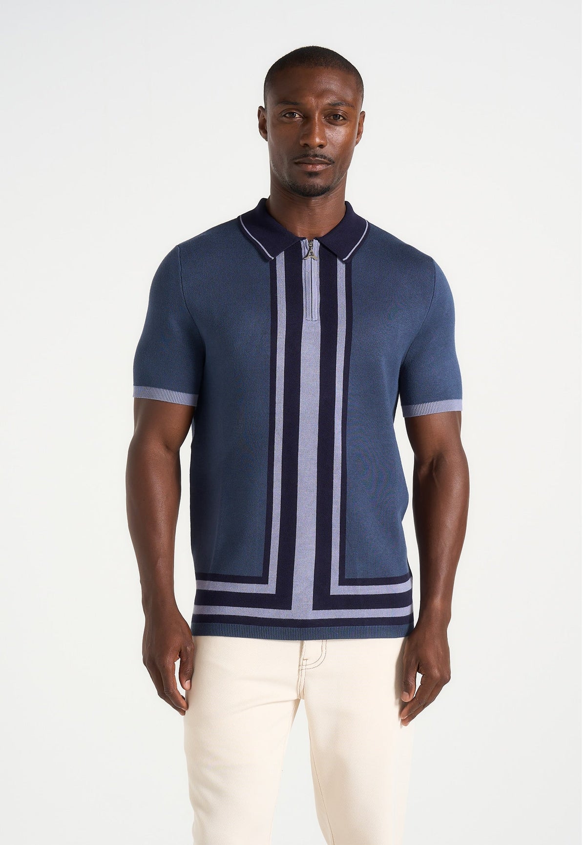 Daniel - Contrast Border Knit Zip Polo Shirt - Blue