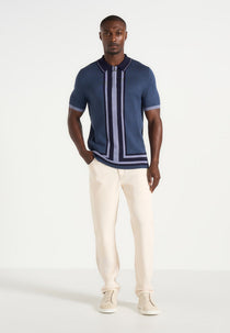 Daniel - Contrast Border Knit Zip Polo Shirt - Blue