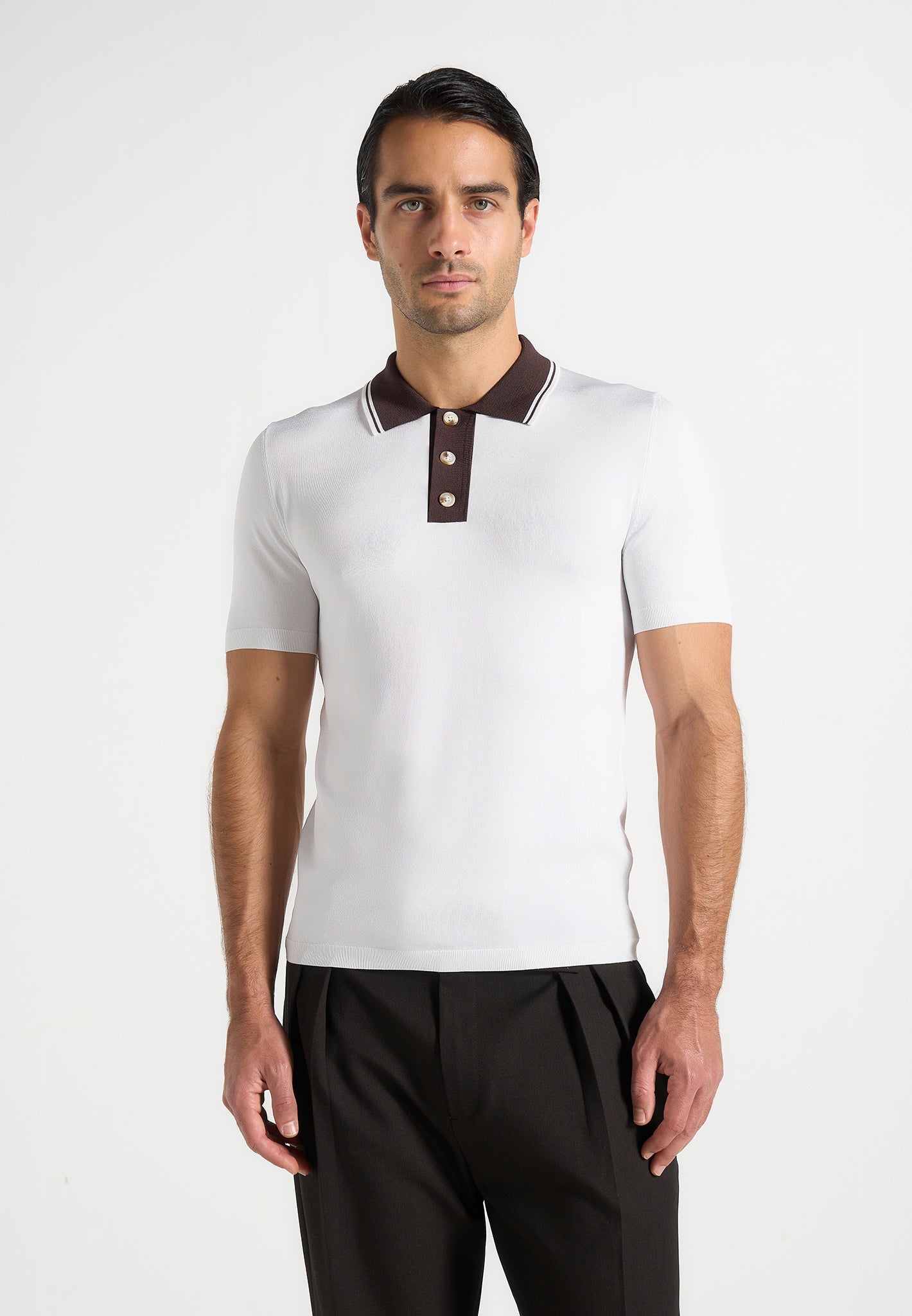 Roux - Contrast Detail Luxe Knit Polo Shirt - White 