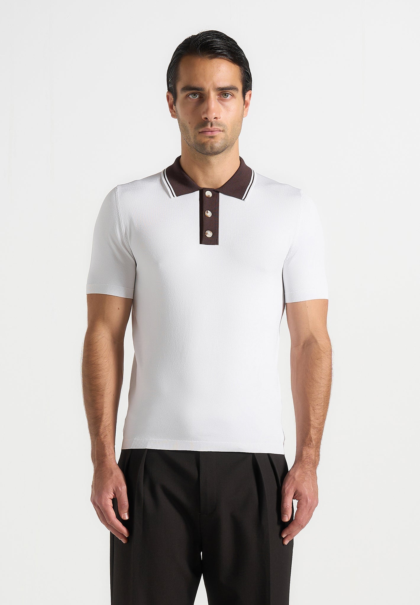 Roux - Contrast Detail Luxe Knit Polo Shirt - White