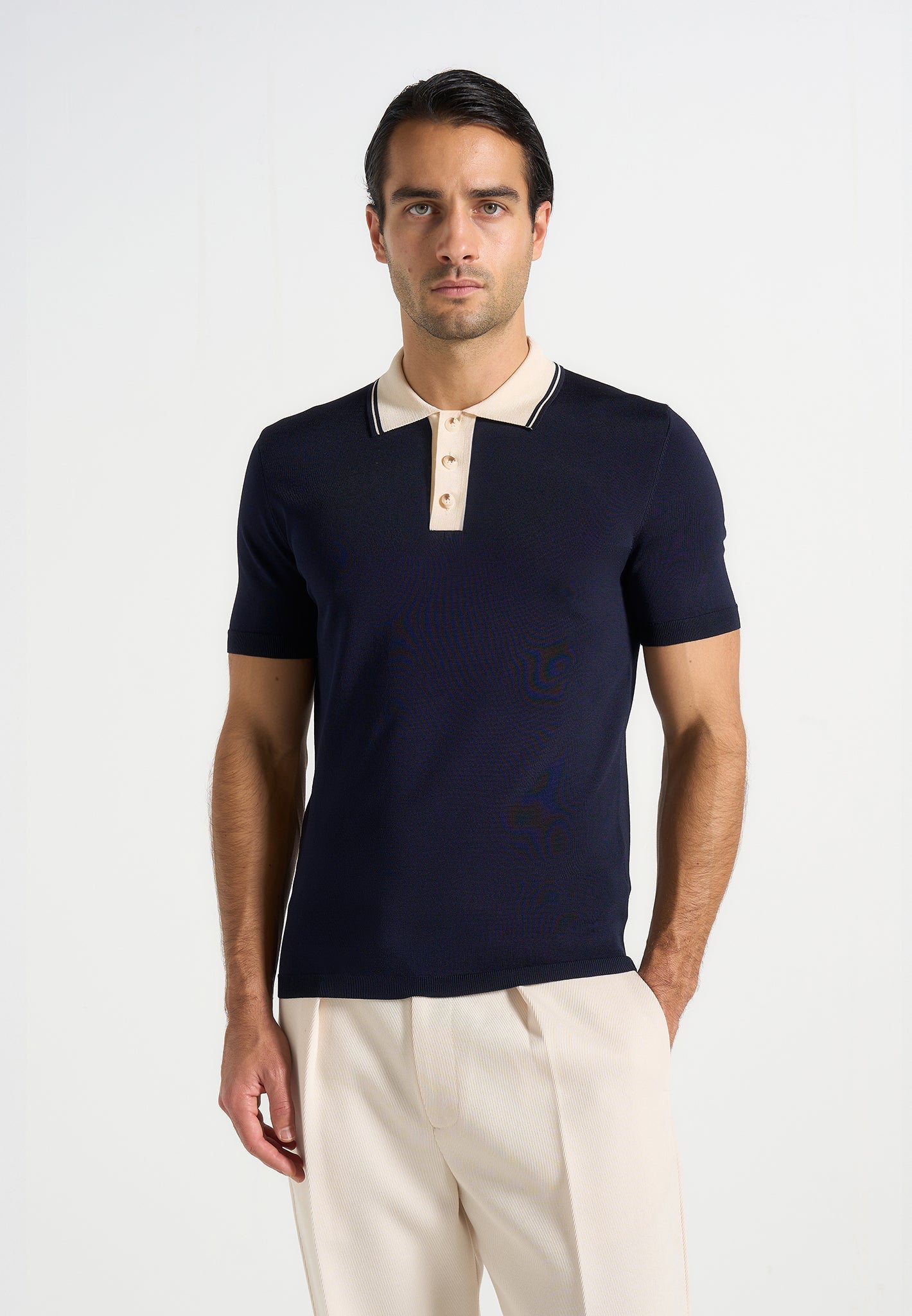 Roux - Contrast Detail Luxe Knit Polo Shirt - Navy 