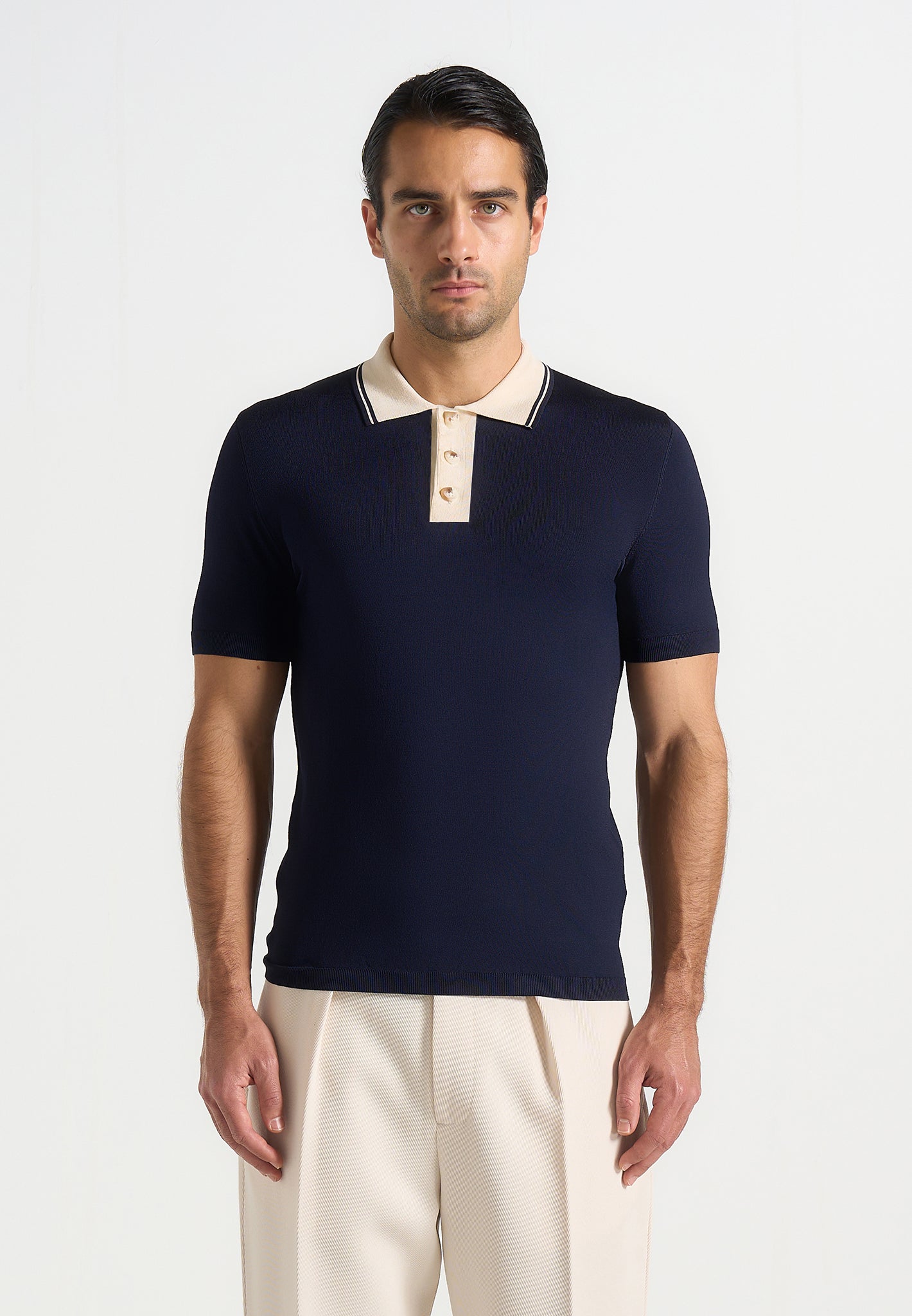 Roux - Contrast Detail Luxe Knit Polo Shirt - Navy