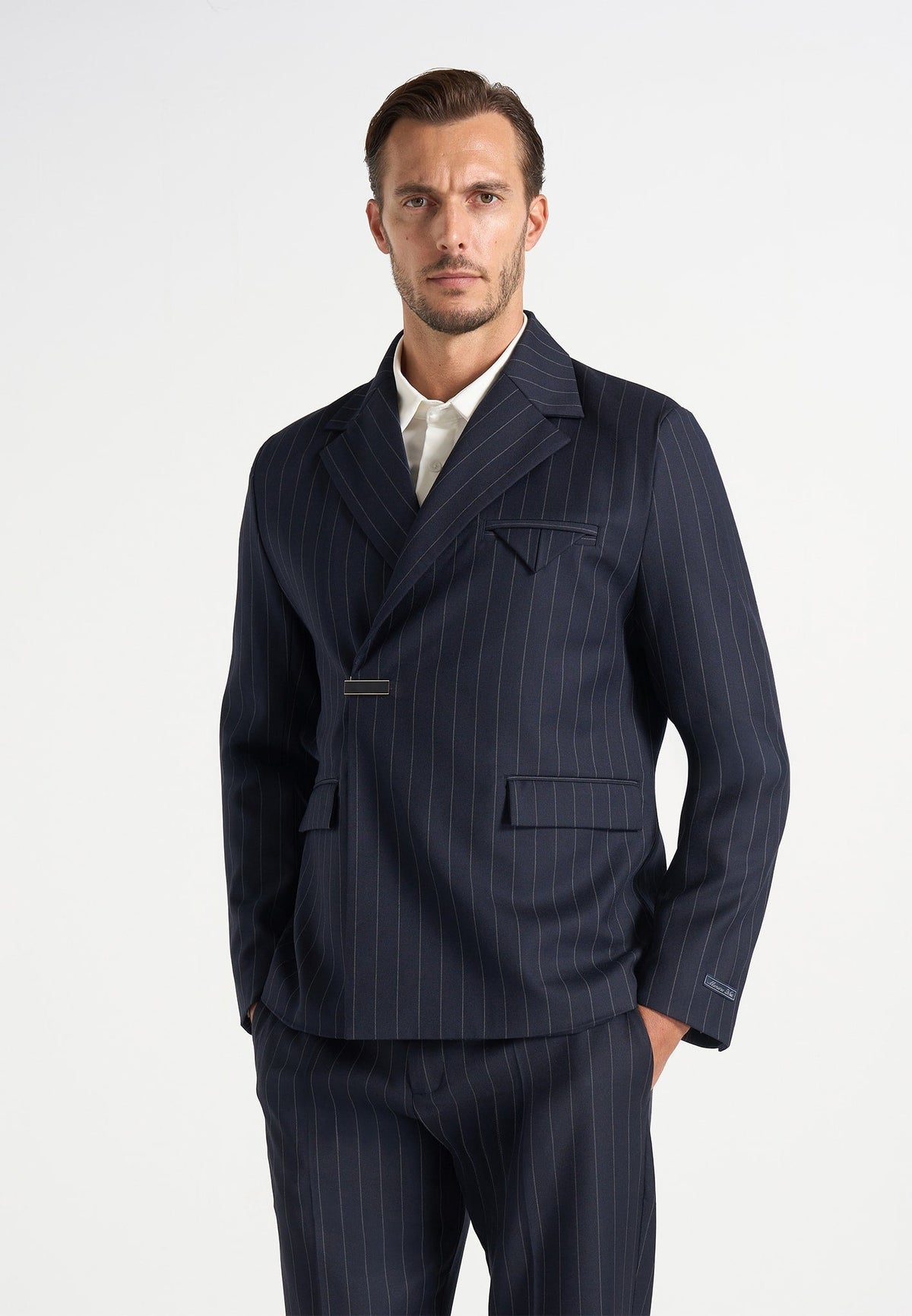 Gaston - Double Breasted Clasp Detail Wool-Blend Pinstripe  Suit Blazer - Navy