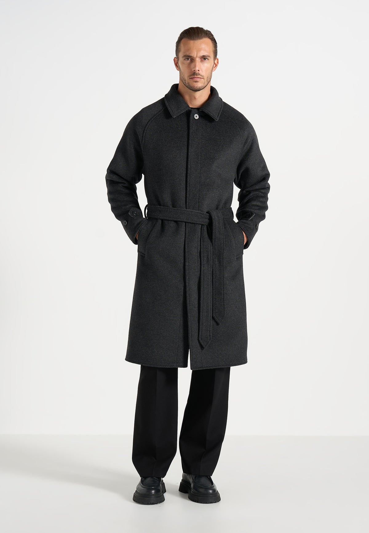 Alfie - Reversible Belted Wool-Blend Car Coat - Grey / Black