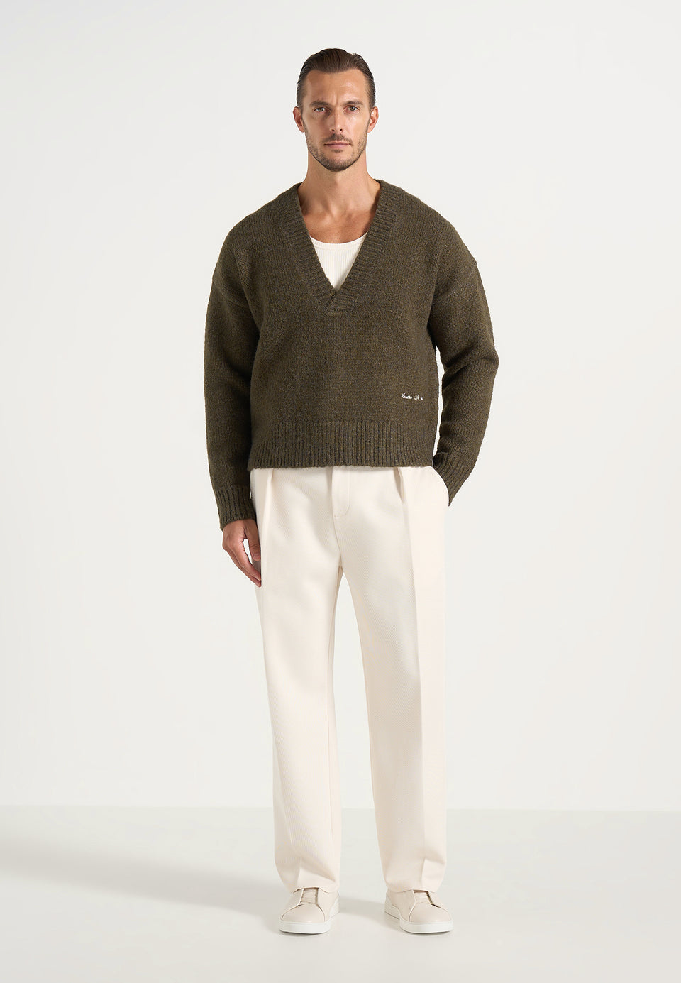 Chad - V-Neck Wool-Blend Knit Jumper - Olive