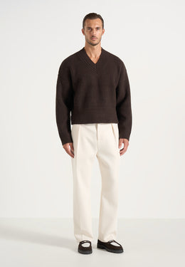 Remi - Signature Ribbed Wool-Blend V-Neck Jumper - Dark Brown