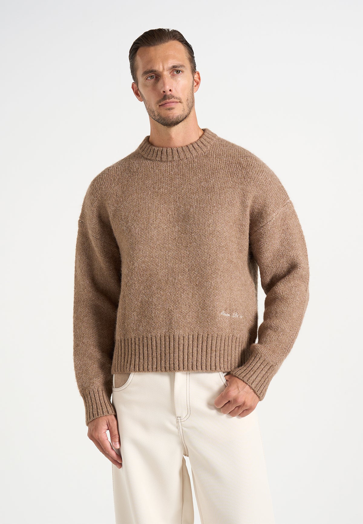 Kamil - Art Slogan Speckled Brushed Wool-Blend Knit Jumper - Beige
