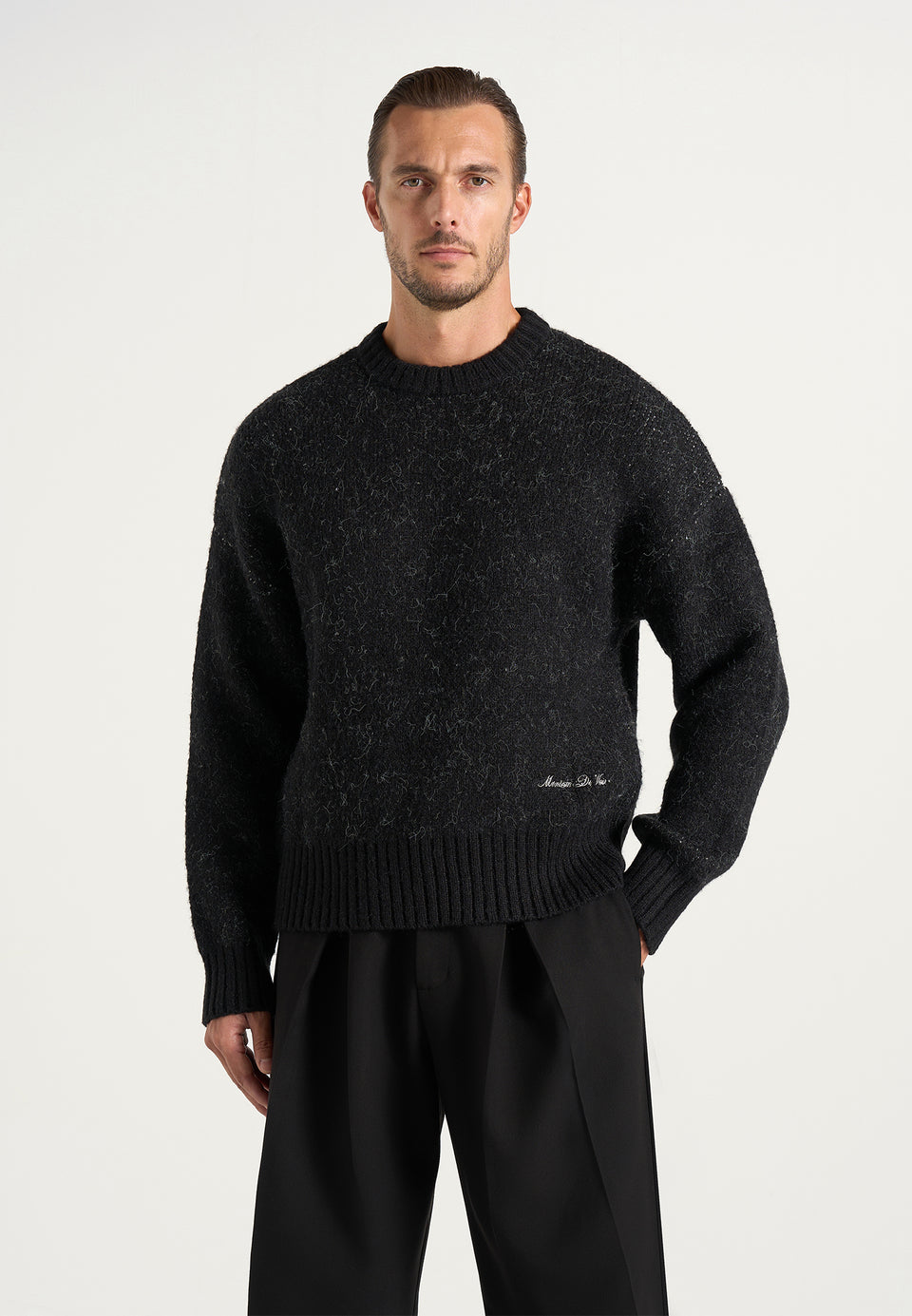 Kamil - Art Slogan Speckled Brushed Wool-Blend Knit Jumper - Black