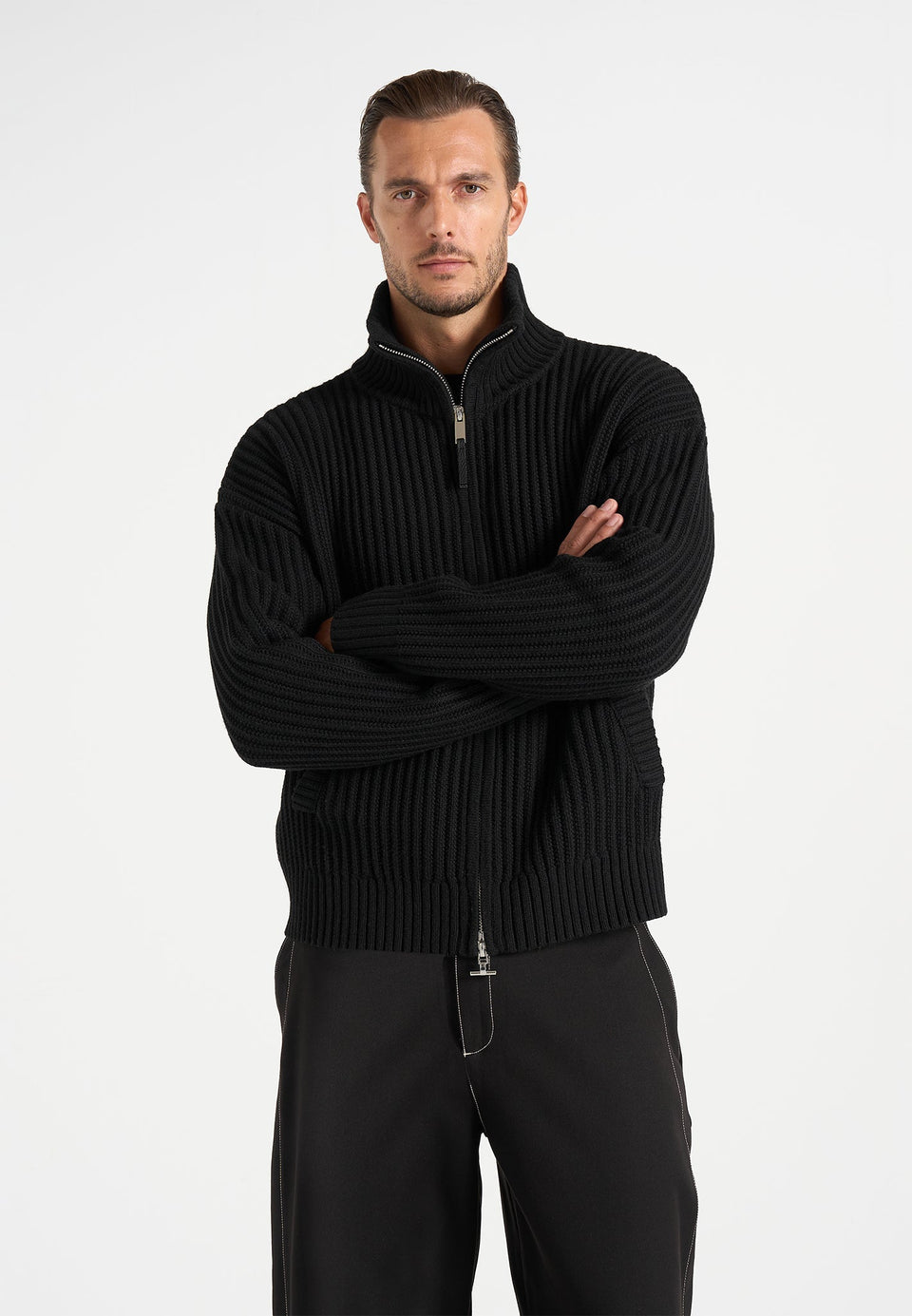 Kyle - Unisex Applique Detail Ribbed Knit Jacket - Black