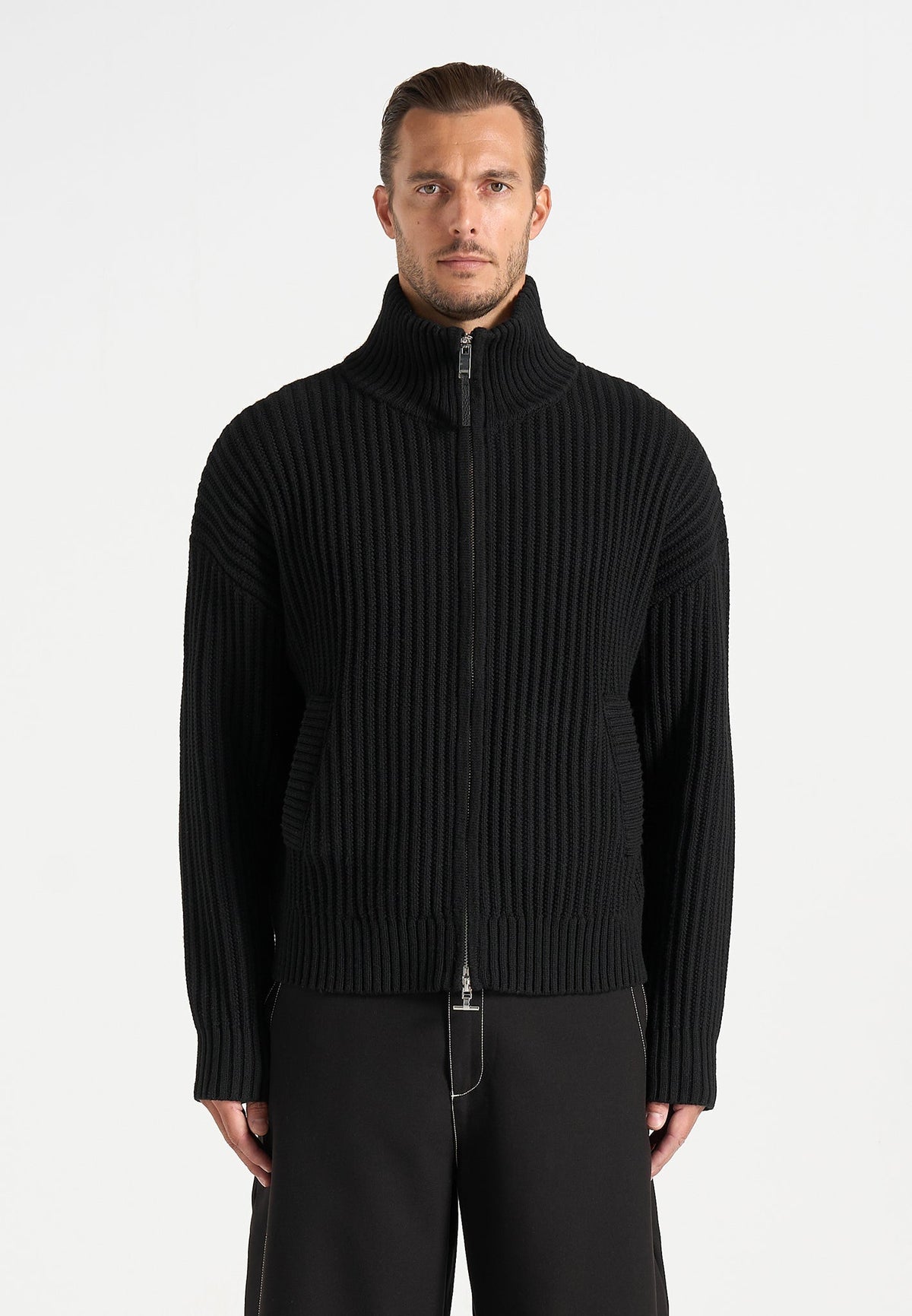 Kyle - Unisex Applique Detail Ribbed Knit Jacket - Black