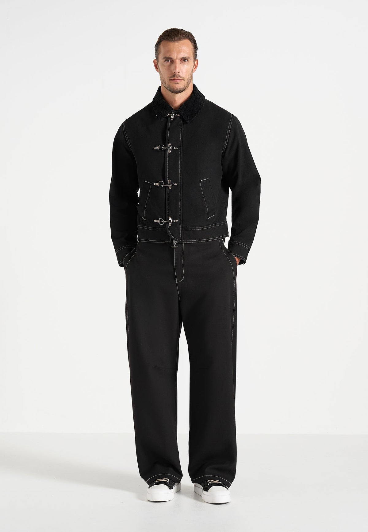 Nino - Unisex Clasp Detail Contrast Stitch Gabardine Jacket - Black