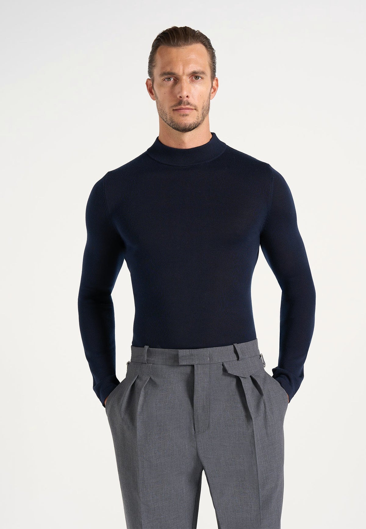 KW003 - Fitted Mock Neck Wool-Blend Jumper - Navy