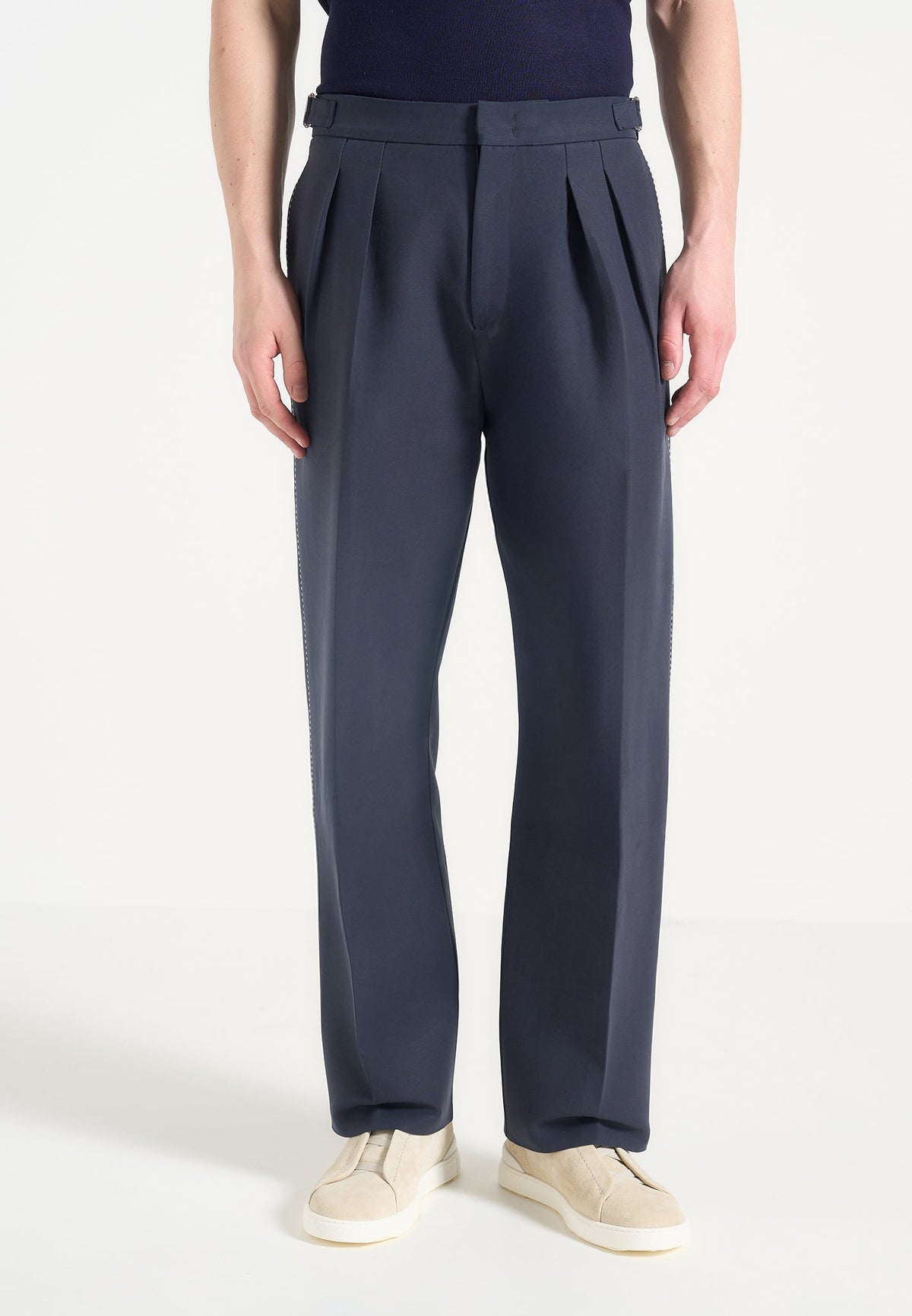 Nolan - Twin Pleat Chino Pants with Stitch Detail - Navy