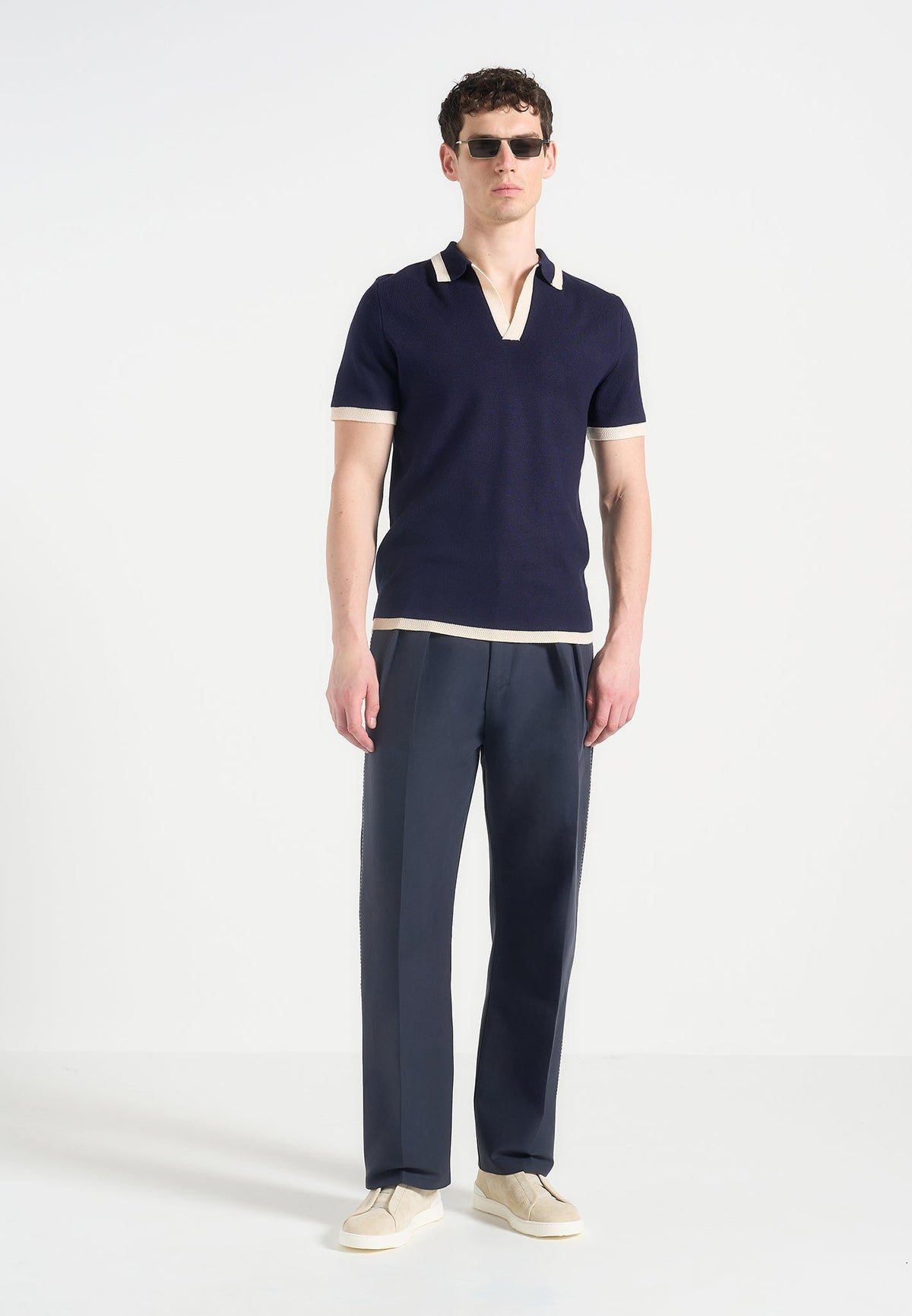 Nolan - Twin Pleat Chino Pants with Stitch Detail - Navy