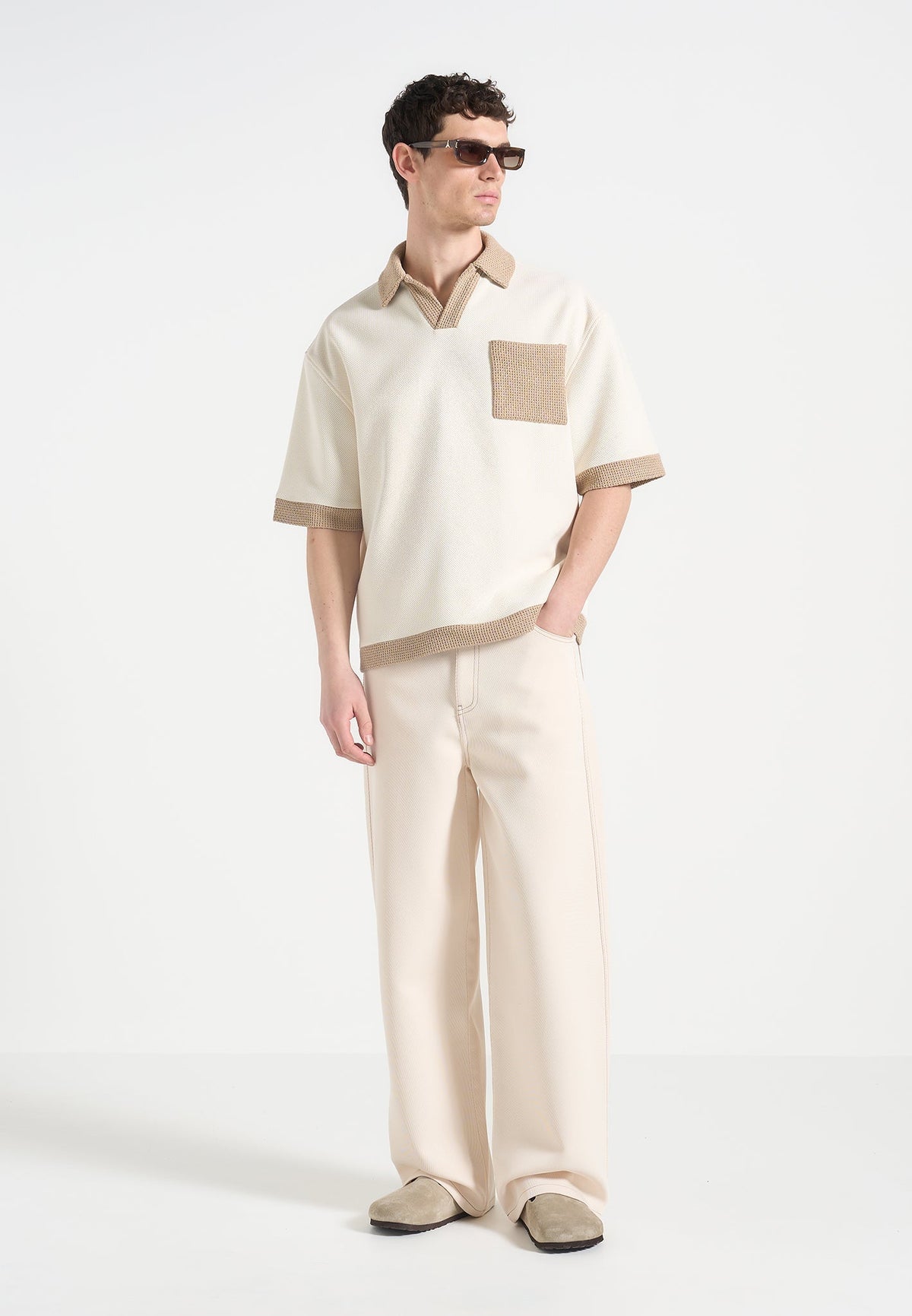 B⁠rice - Boxy Polo Shirt with Crochet Detail - Cream