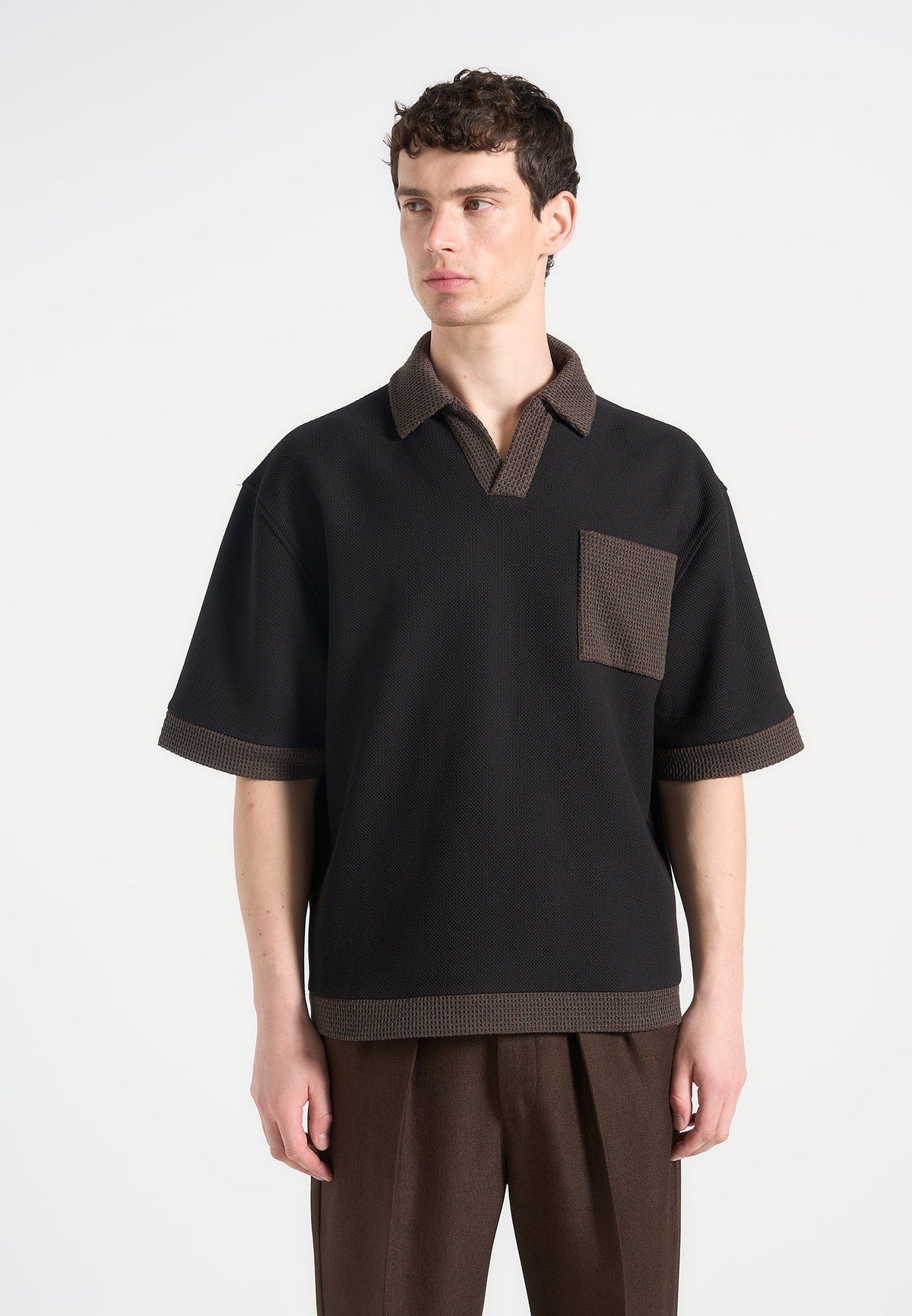 B⁠rice - Boxy Polo Shirt with Crochet Detail - Black