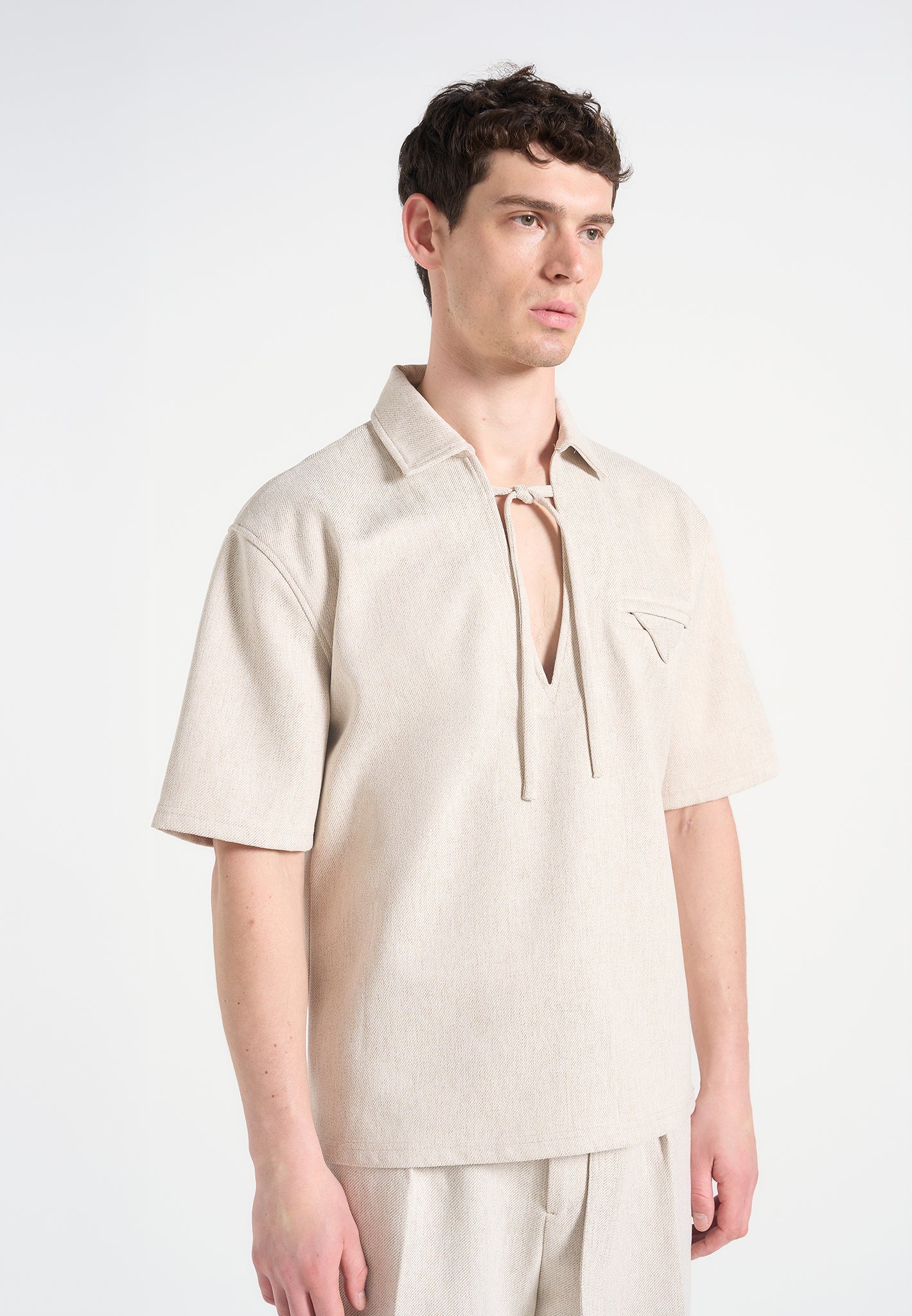 Norbert - Open Collar Textured Drawstring Shirt - Cream