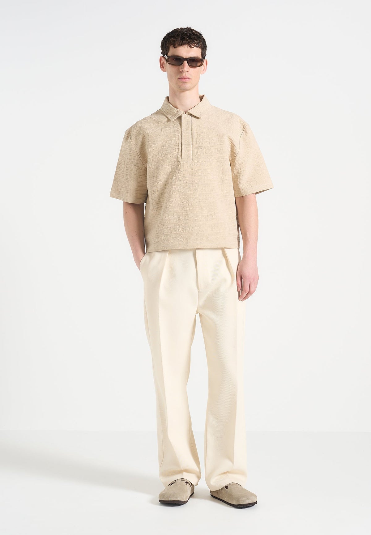 Simon - Boxy Textured Polo Shirt - Beige