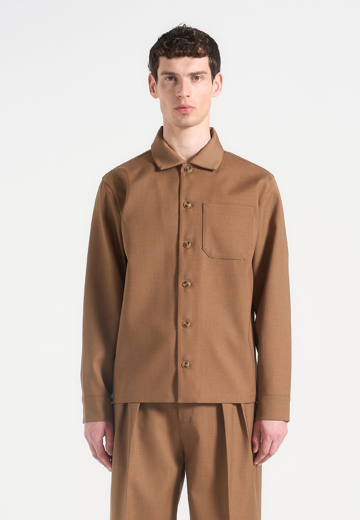 Valentin - Classic Hatched Tailored Long Sleeve Shirt - Fawn
