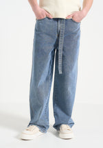 Adam - Wide Leg Belted Denim Jeans - Blue Wash