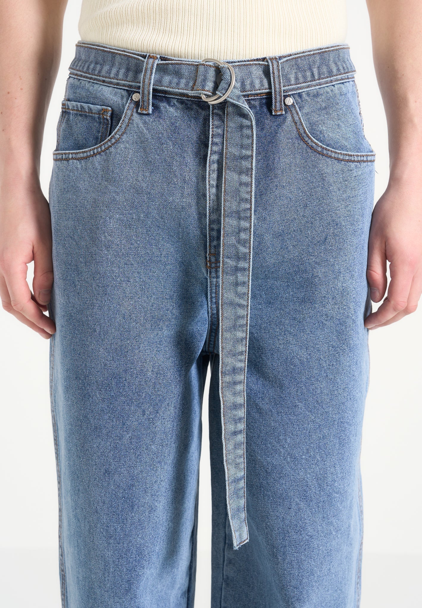 Adam - Wide Leg Belted Denim Jeans - Blue Wash