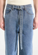 Adam - Wide Leg Belted Denim Jeans - Blue Wash
