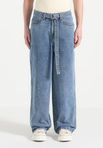 Adam - Wide Leg Belted Denim Jeans - Blue Wash