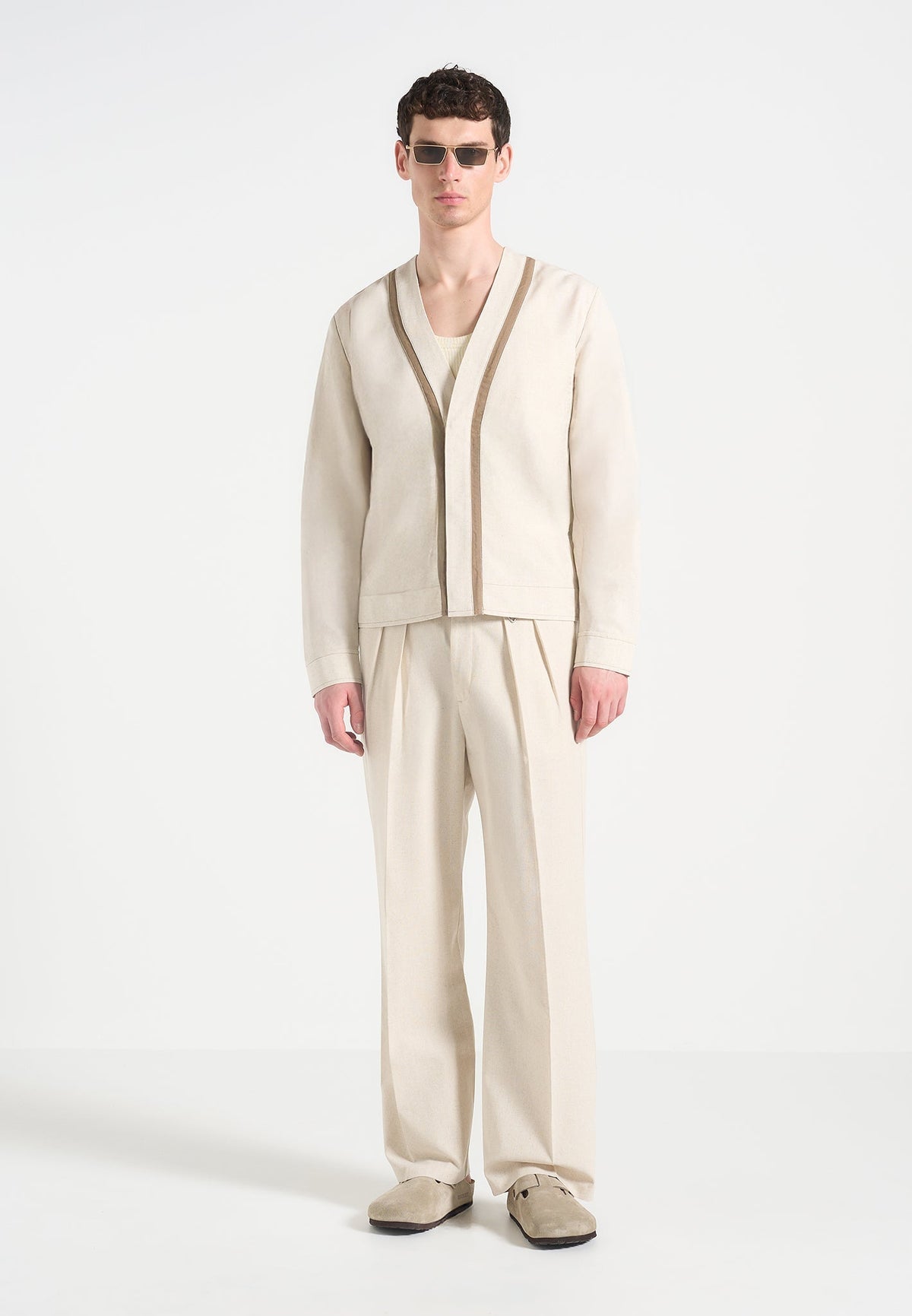 Alain - Linen Cardigan with Contrast Placket - Natural