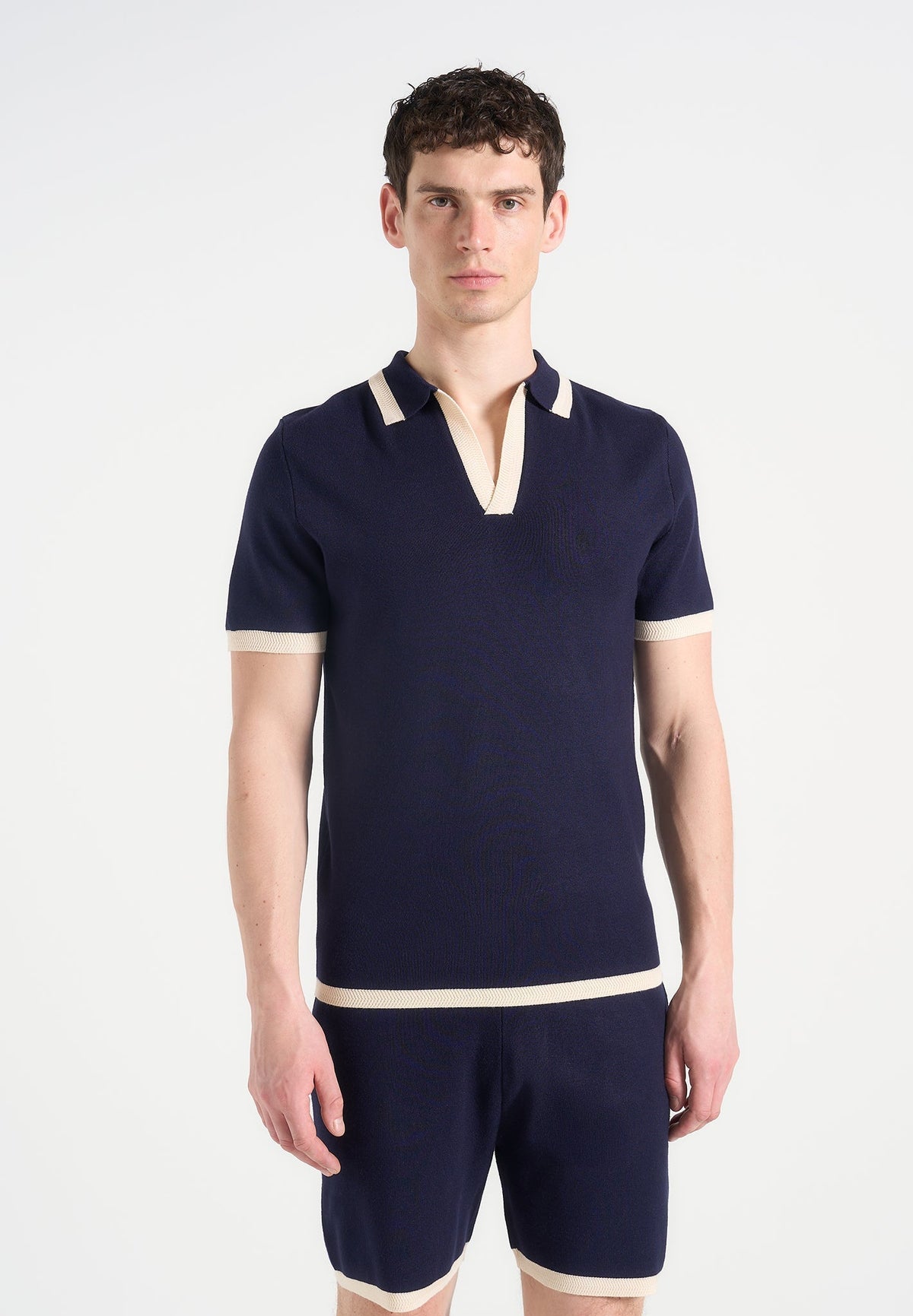 L⁠ambert - Contrast Detail Knit Polo Shirt - Navy