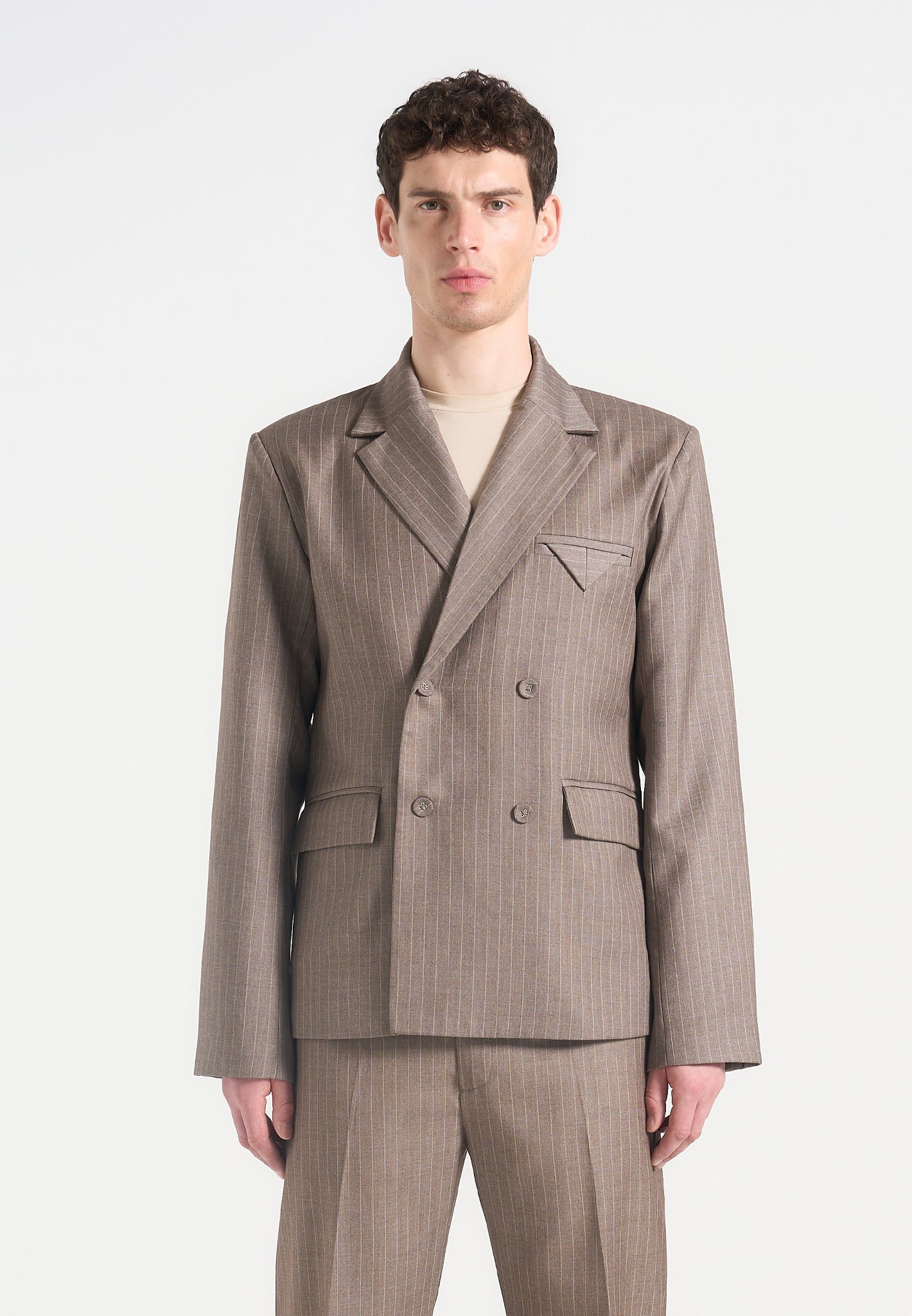 Didier - Double Breasted Pinstripe Suit Jacket - Taupe